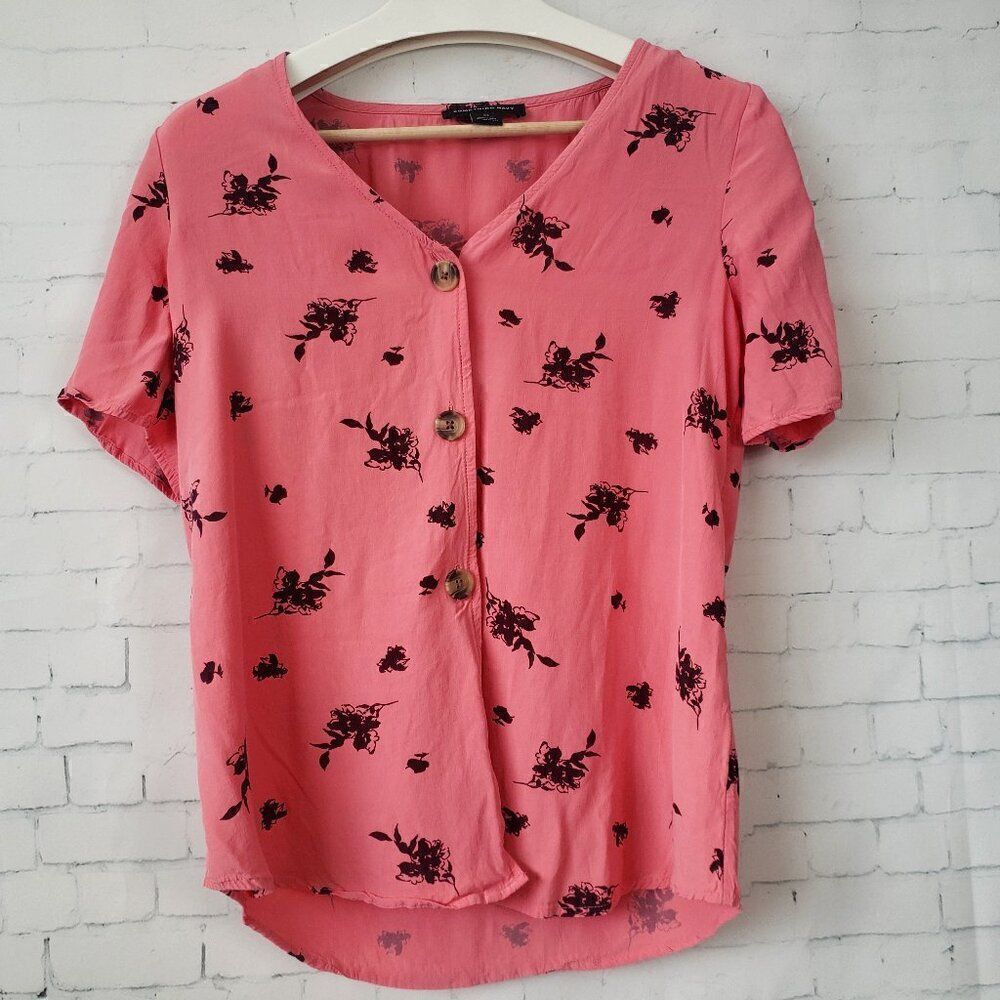 Something Navy Pink Floral Top Size XS Button Front Blouse Casual Womens